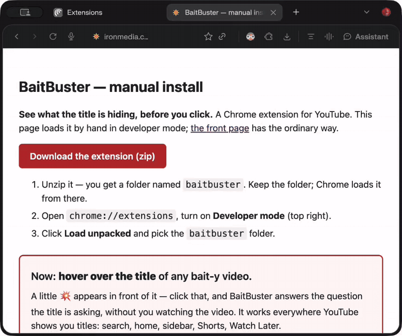 Downloading the zip, opening chrome://extensions, turning on Developer mode, and loading the unpacked baitbuster folder